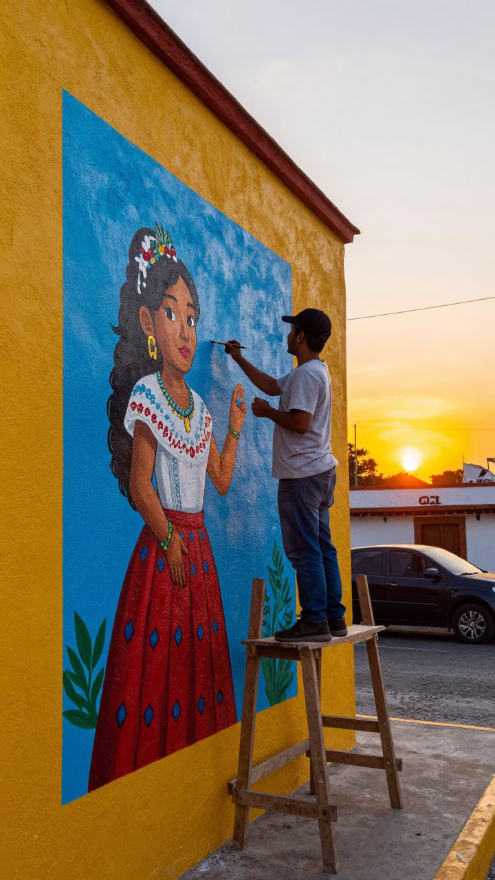 Merida Mexico Sunset Street Mural Artist Painting Colorful Wall with Dust on Plaster in in Merida, Mexico