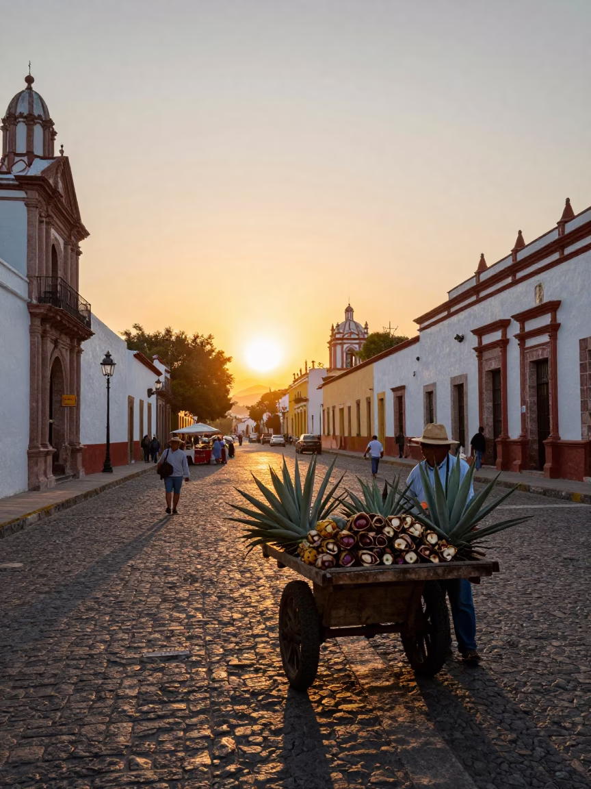 Merida Mexico Sunset Street Scene with Agave and Local Market Activity in in Merida, Mexico
