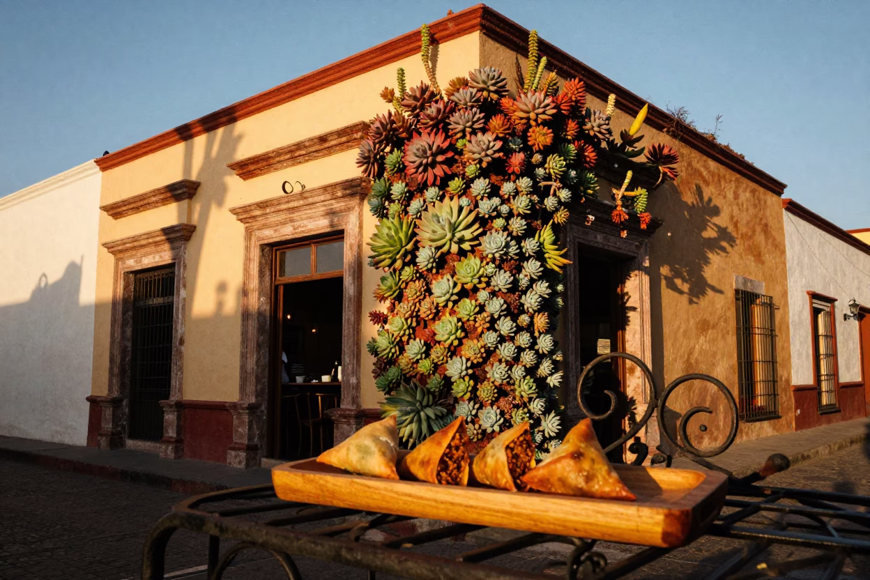 Merida Mexico Sunset Street Scene with Cafe Succulent Wall and Local Diner in in Merida, Mexico