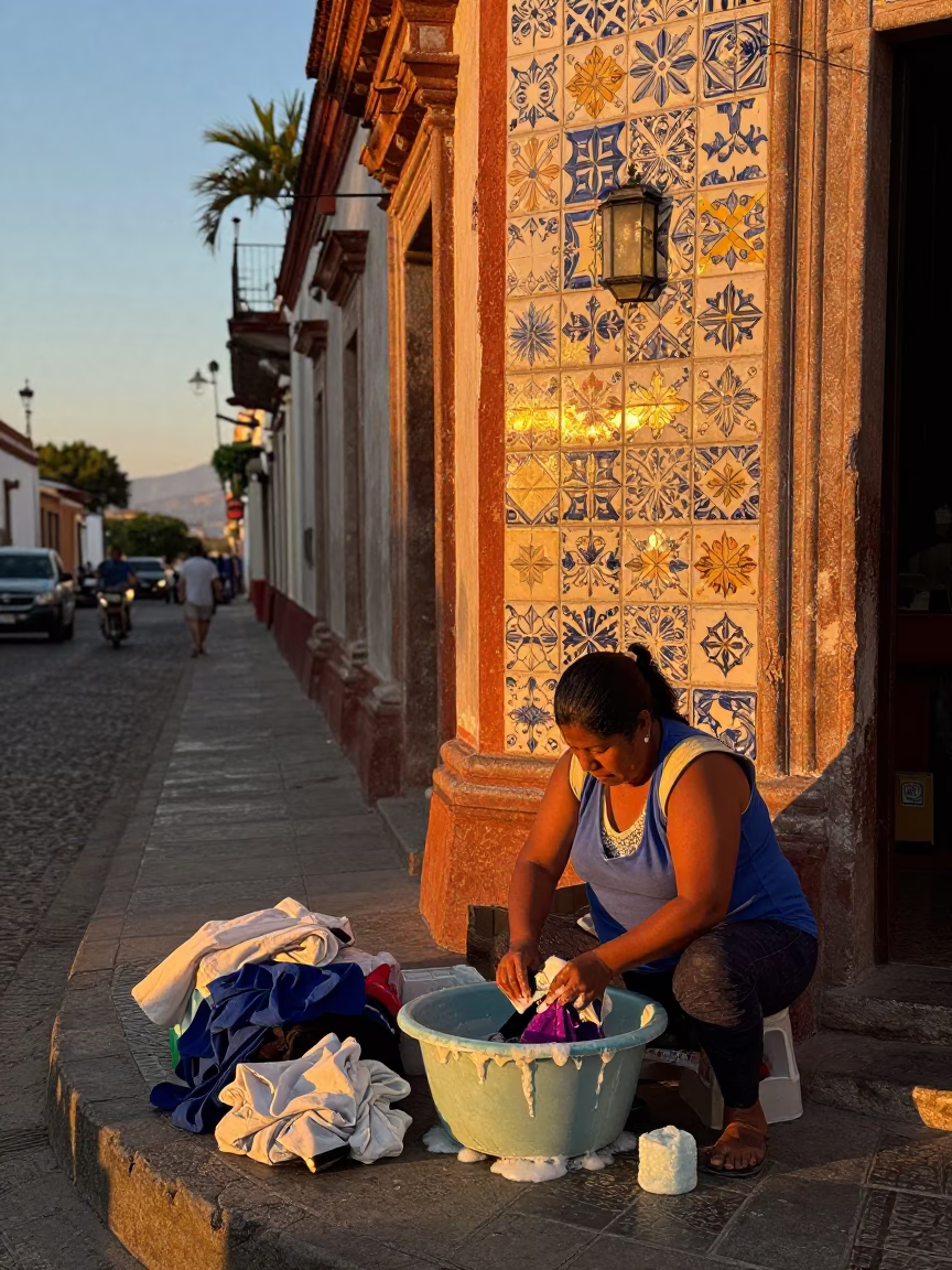 Merida Mexico Sunset Street Scene with Ceramic Tiles and Soap Residue in in Merida, Mexico