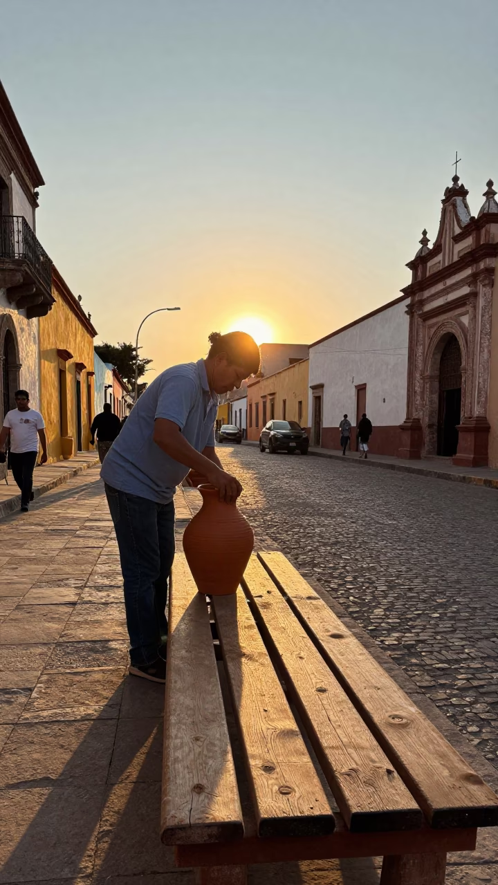 Merida Mexico Sunset Street Scene with Clay Pot and Bench Light in in Merida, Mexico