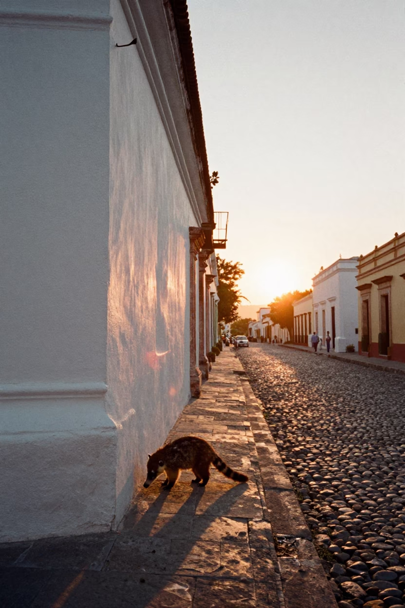 Merida Mexico Sunset Street Scene with Coati Foraging Near Colonial Plaza in in Merida, Mexico