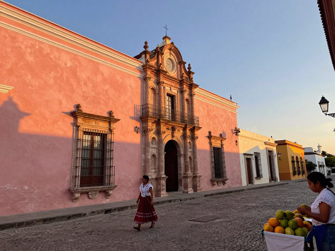 Merida Mexico Sunset Street Scene with Colonial Architecture and Local Life in in Merida, Mexico