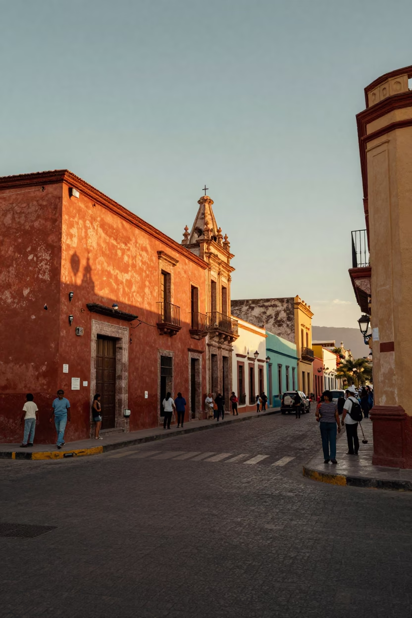 Merida Mexico Sunset Street Scene with Colorful Facades and Local Life in in Merida, Mexico