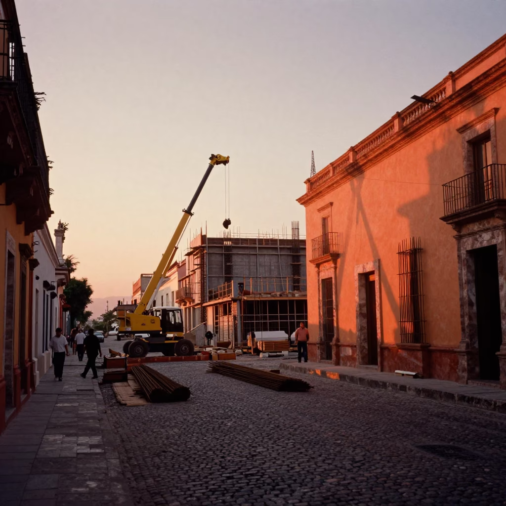 Merida Mexico Sunset Street Scene with Construction Site and Local Pedestrians in in Merida, Mexico