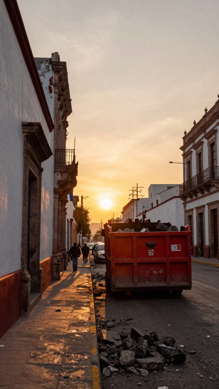 Merida Mexico Sunset Street Scene with Demolition Dumpster and Stone Wall Clematis in in Merida, Mexico