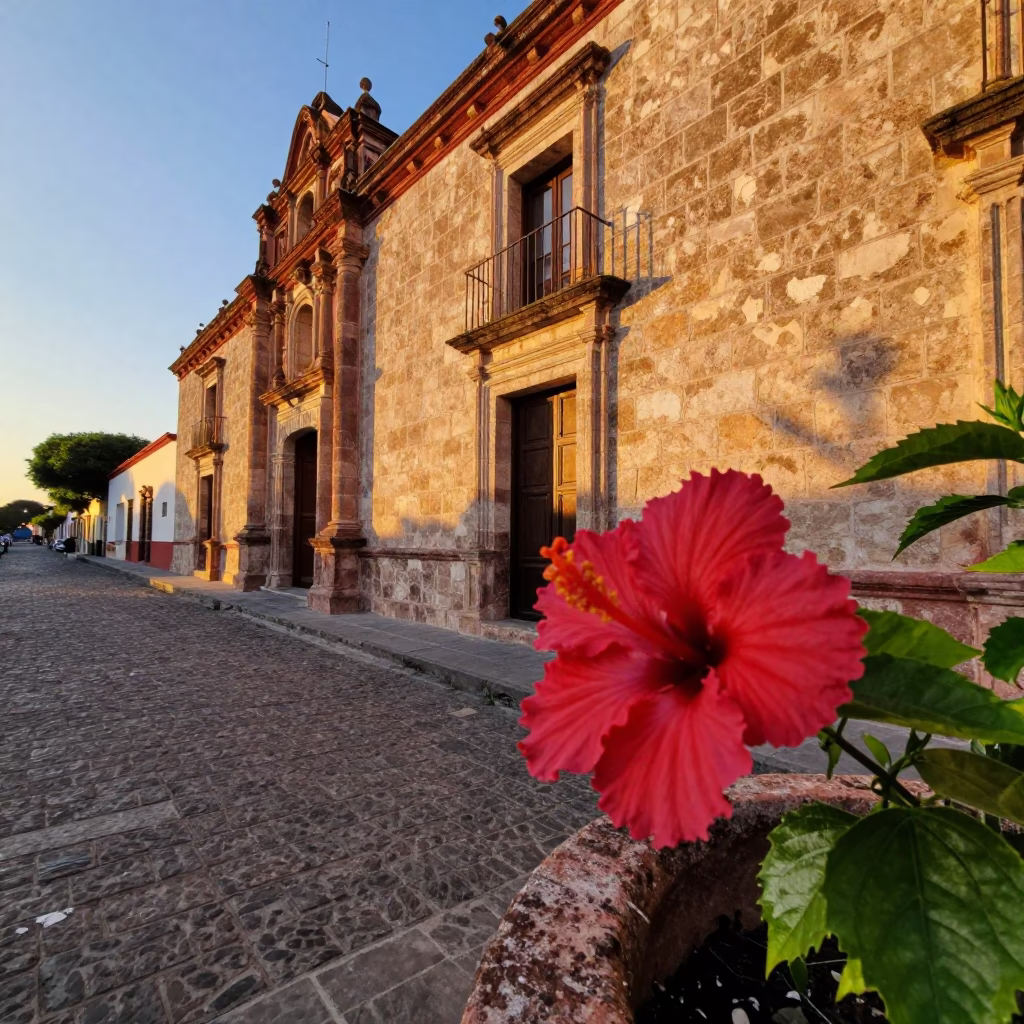 Merida Mexico Sunset Street Scene with Hibiscus Flower and Colonial Architecture in in Merida, Mexico