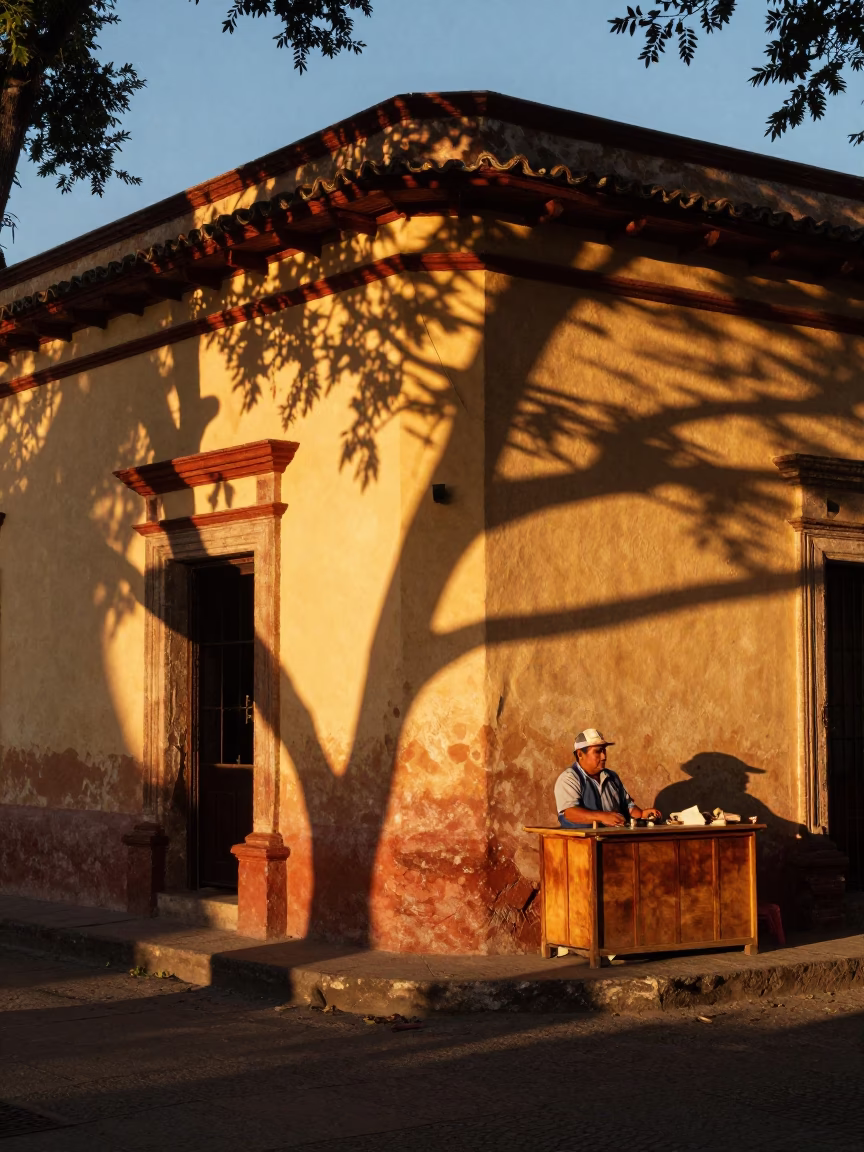 Merida Mexico Sunset Street Scene with Leaf Shadows and Local Market Activity in in Merida, Mexico
