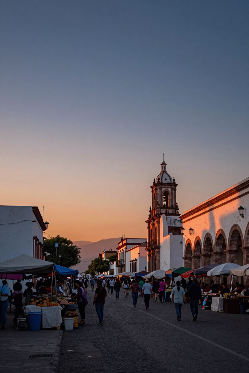 Merida Mexico Sunset Street Scene with Local Market Activity and Traditional Architecture in in Merida, Mexico