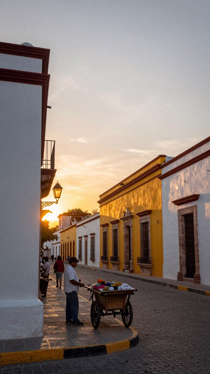 Merida Mexico Sunset Street Scene with Local Vendor and Colonial Architecture in in Merida, Mexico