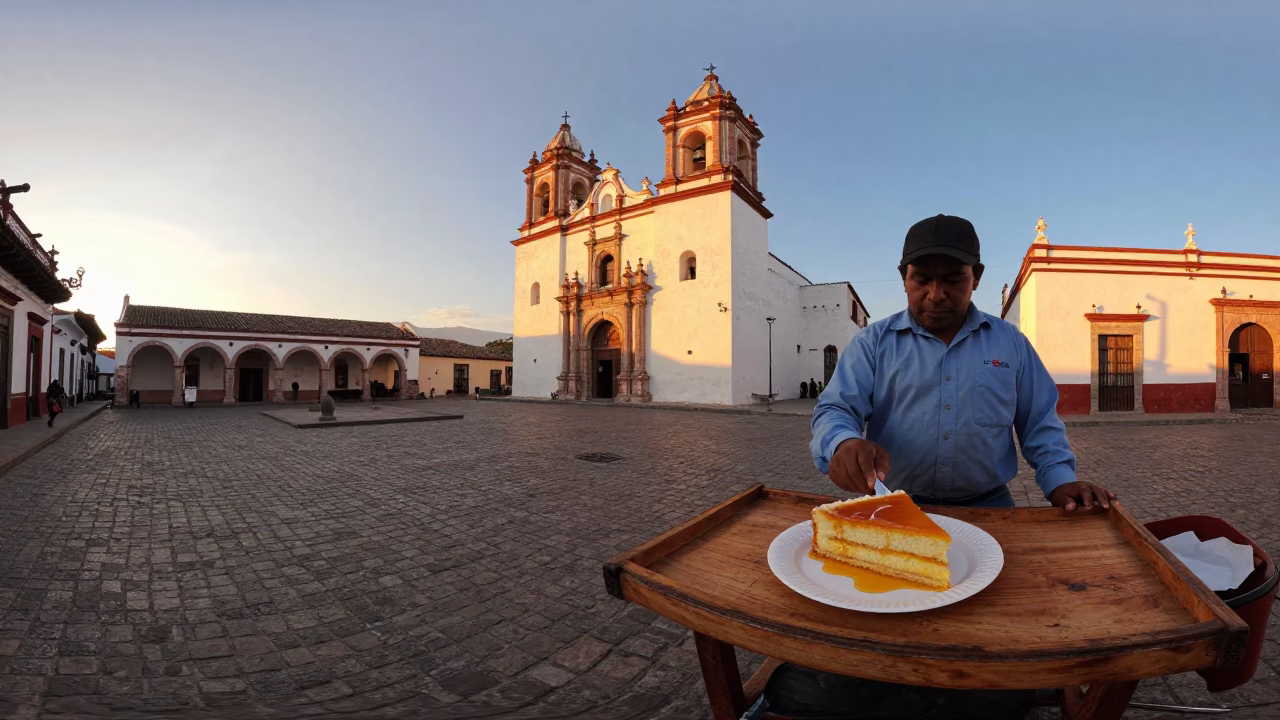 Merida Mexico Sunset Street Scene with Local Vendor and Traditional Dessert Slice in in Merida, Mexico