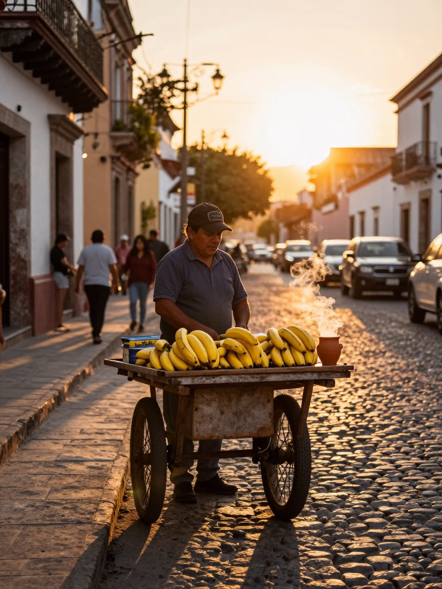Merida Mexico Sunset Street Scene with Local Vendor and Traditional Items in in Merida, Mexico