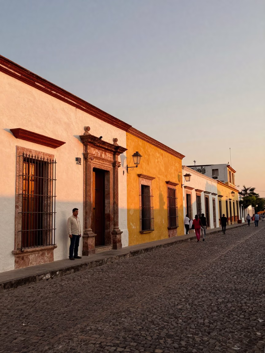 Merida Mexico sunset street scene with locals and traditional architecture in in Merida, Mexico
