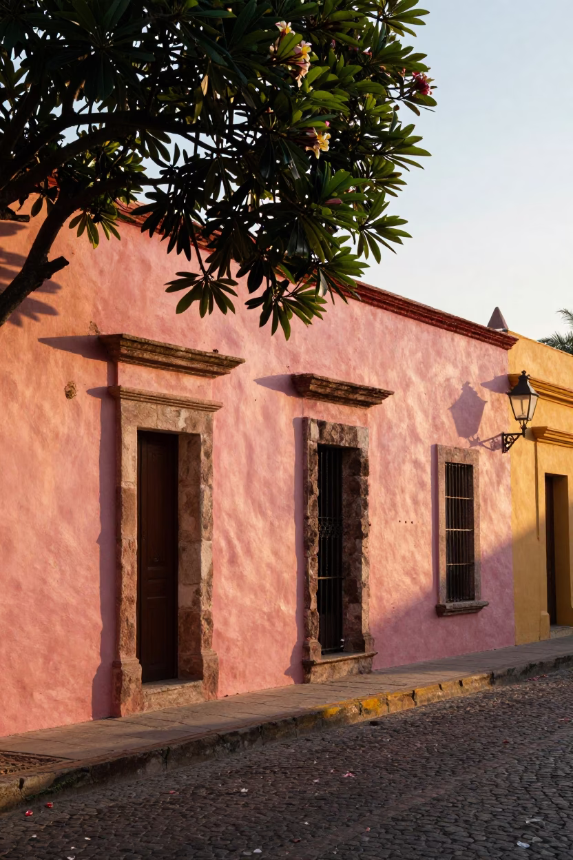 Merida Mexico Sunset Street Scene with Plumeria Petals Falling on Colonial Architecture in in Merida, Mexico