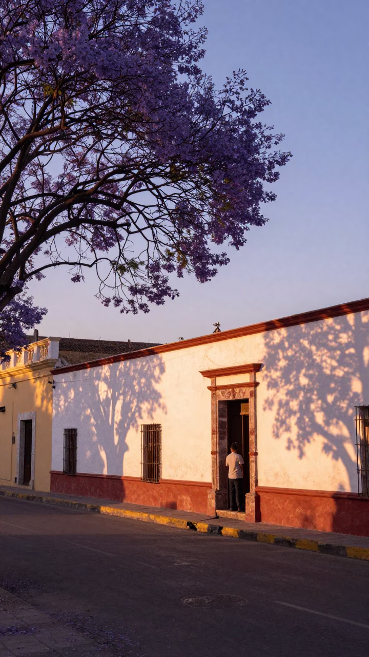 Merida Mexico Sunset Street Scene with Purple Jacaranda Trees and Local Life in in Merida, Mexico