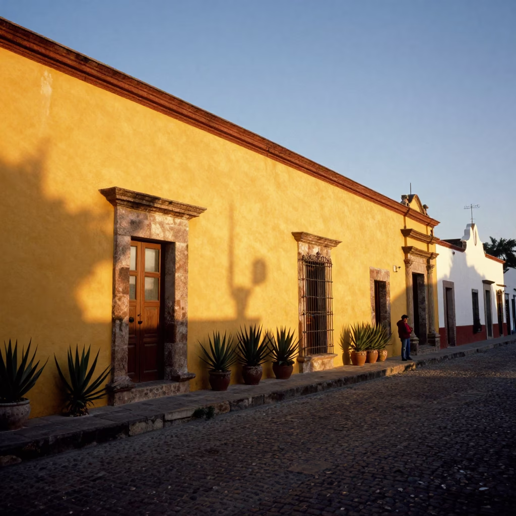 Merida Mexico Sunset Street Scene with Row of Succulents in Terracotta Pots in in Merida, Mexico