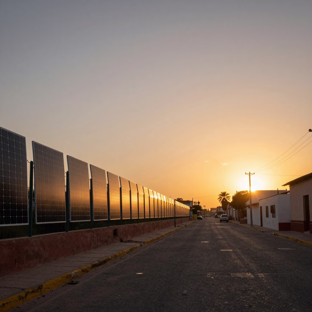 Merida Mexico Sunset Street Scene with Solar Array Fence and Canisters in in Merida, Mexico
