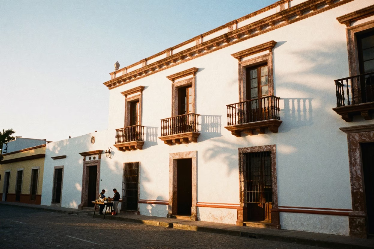 Merida Mexico Sunset Street Scene with Sunlight Stripe and Local Life in in Merida, Mexico