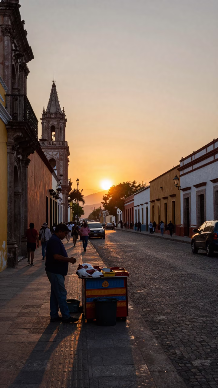 Merida Mexico Sunset Street Scene with Vendor and Pedestrians in in Merida, Mexico