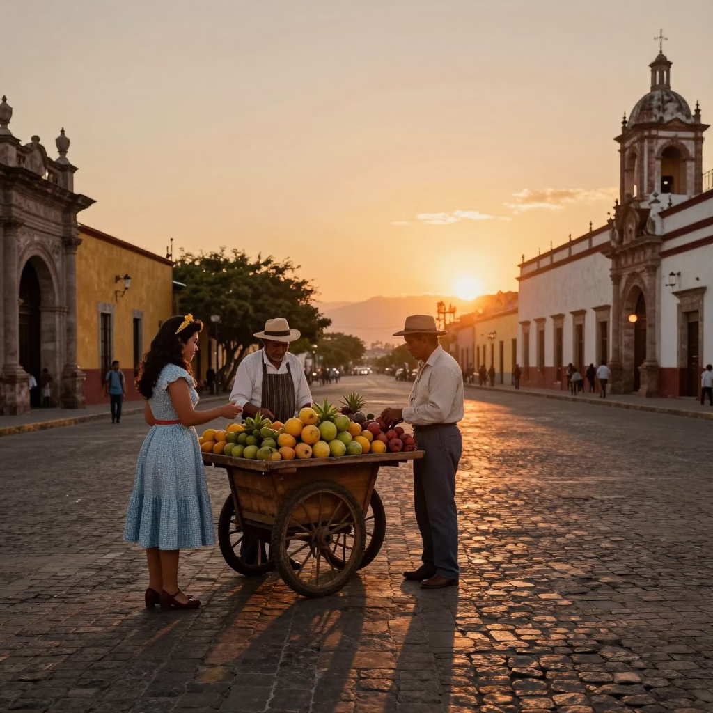 Merida Mexico Sunset Street Scene with Vintage 1950s Aesthetic and Local Market Activity in in Merida, Mexico