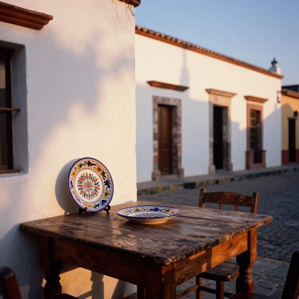 Merida Mexico Sunset Street Scene with Vintage Italian Majolica Plate and Linen Fringe in in Merida, Mexico
