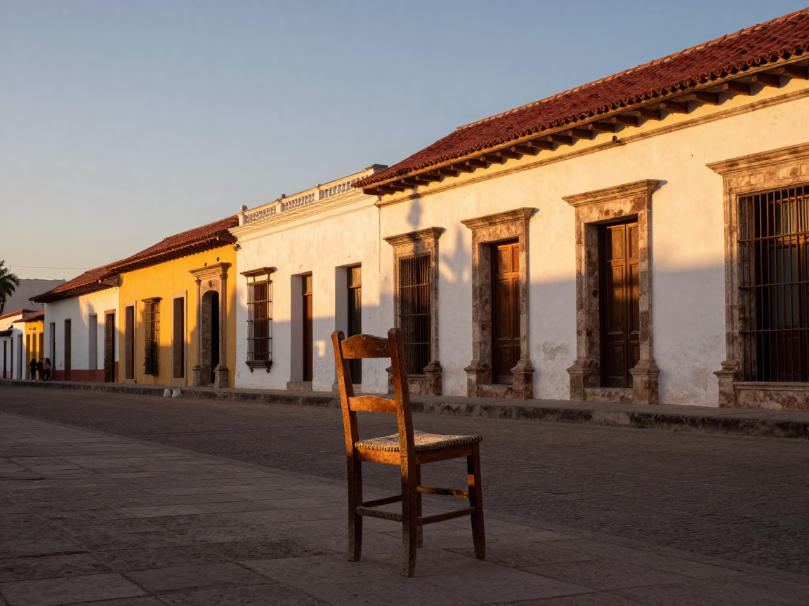 Merida Mexico Sunset Street Scene with Wooden Chair and Dusty Lamp Base in in Merida, Mexico