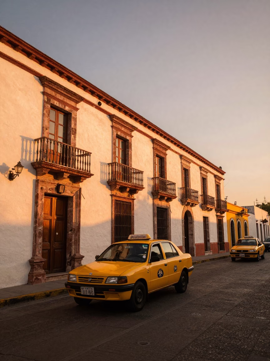 Merida Mexico Sunset Street Scene with Yellow Taxi and Colonial Architecture in in Merida, Mexico