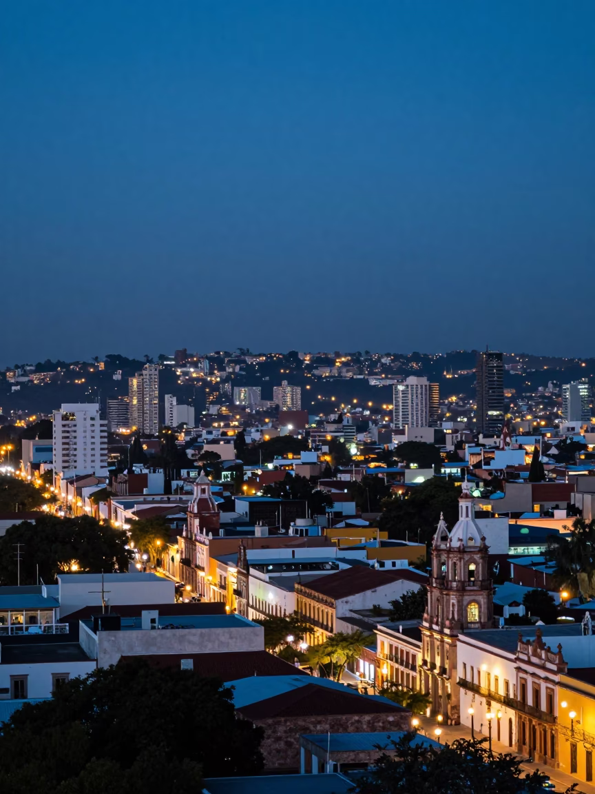 Merida Mexico Twilight Cityscape with Glowing Streetlights and Colonial Architecture Horizon Shot in in Merida, Mexico