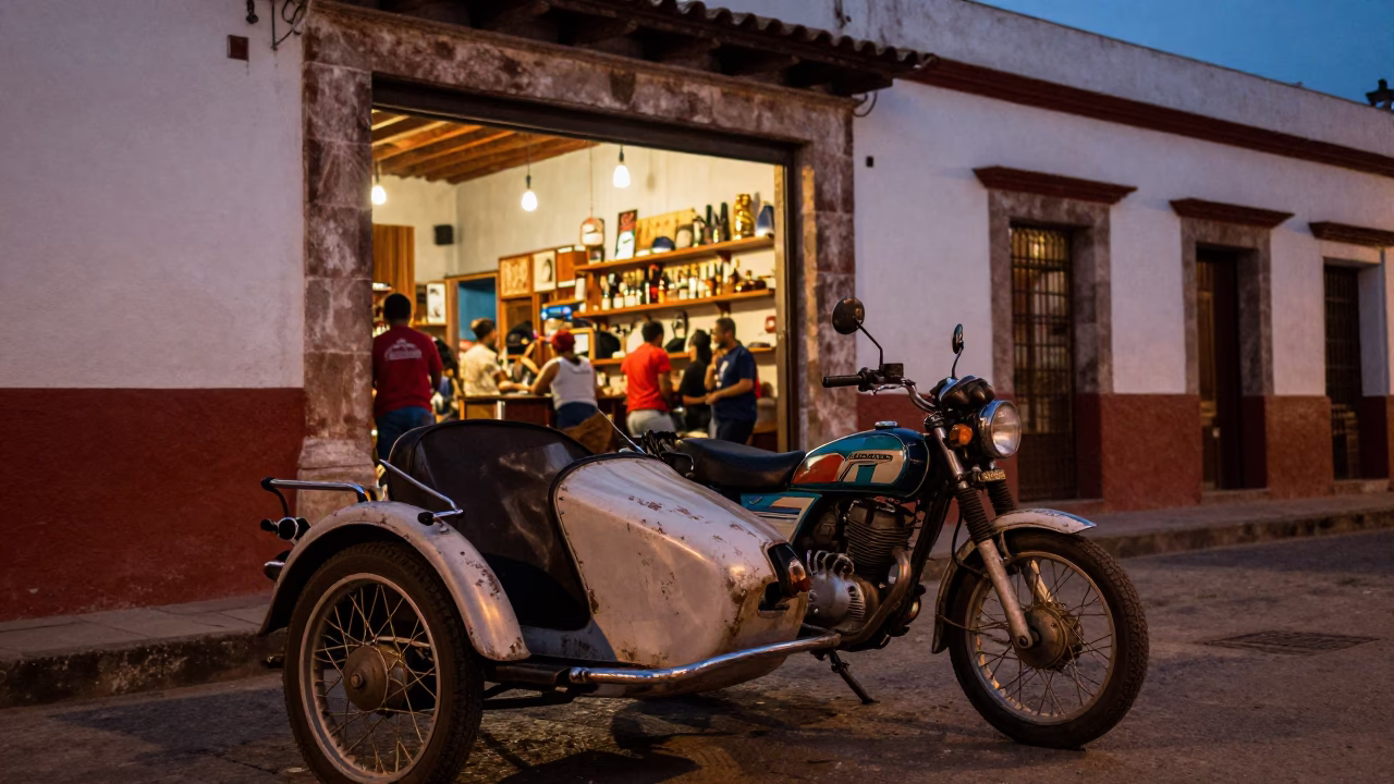 Merida Mexico Twilight Street Scene Vintage Motorcycle Sidecar and Local Commerce in in Merida, Mexico