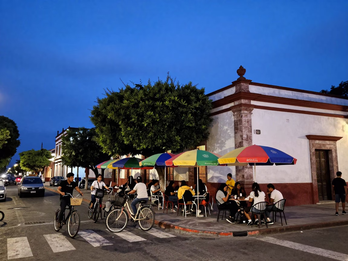 Merida Mexico Twilight Street Scene With Bicycles And Umbrellas in in Merida, Mexico