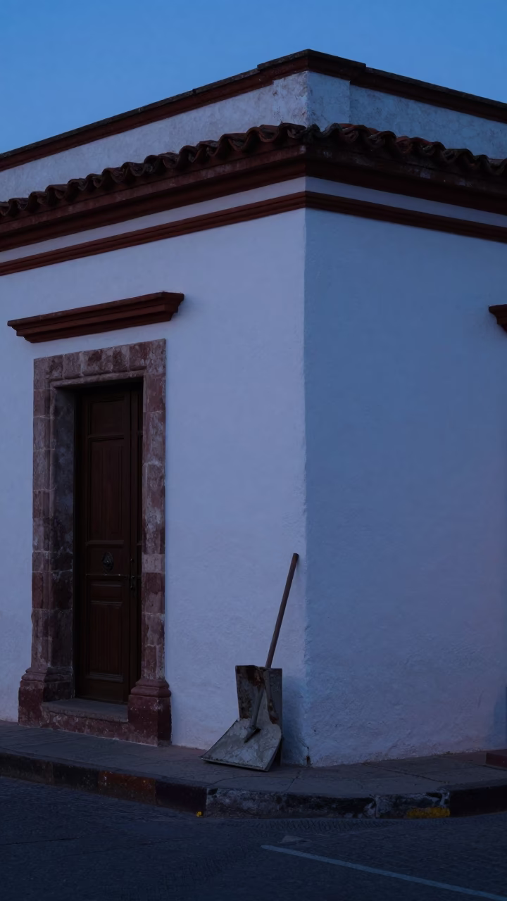 Merida Mexico Twilight Street Scene with Boot Scraper and Colonial Architecture in in Merida, Mexico