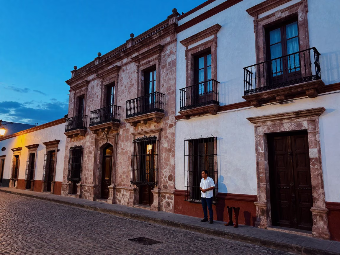 Merida Mexico Twilight Street Scene with Boots and Colonial Architecture in in Merida, Mexico