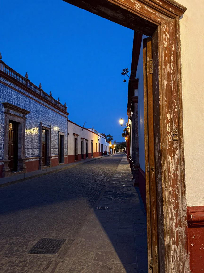 Merida Mexico Twilight Street Scene with Ceramic Tile Architecture and Doorframe Details in in Merida, Mexico