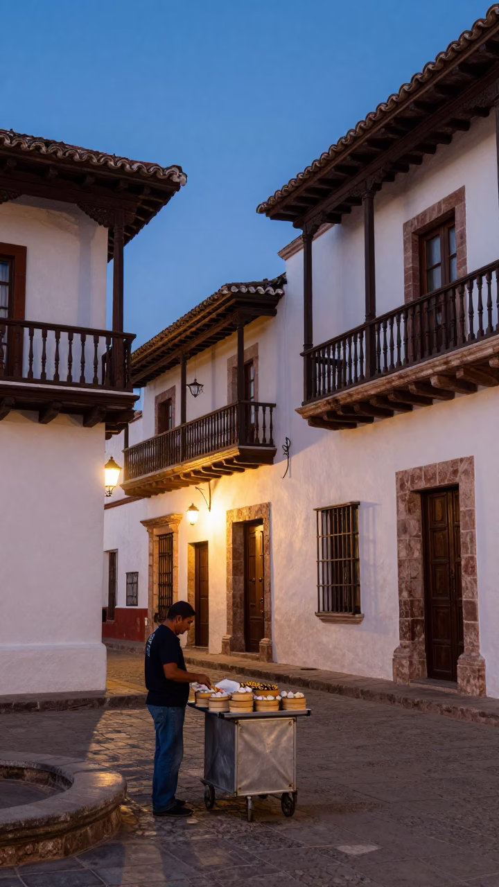 Merida Mexico Twilight Street Scene with Colonial Architecture and Local Market Activity in in Merida, Mexico