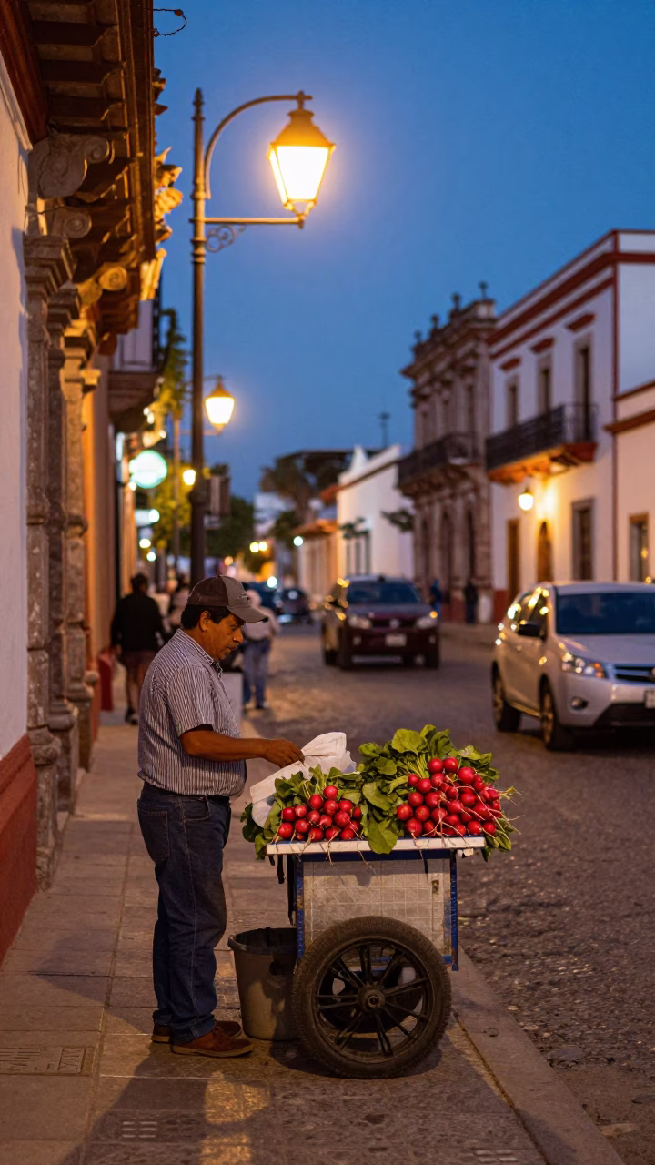 Merida Mexico Twilight Street Scene with Local Vendor and Traditional Food in in Merida, Mexico