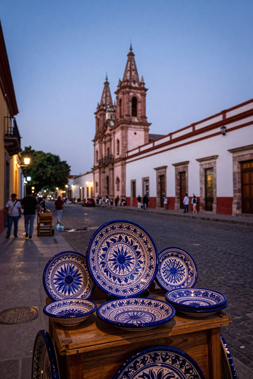 Merida Mexico Twilight Street Scene with Majolica Plates and Local Life in in Merida, Mexico