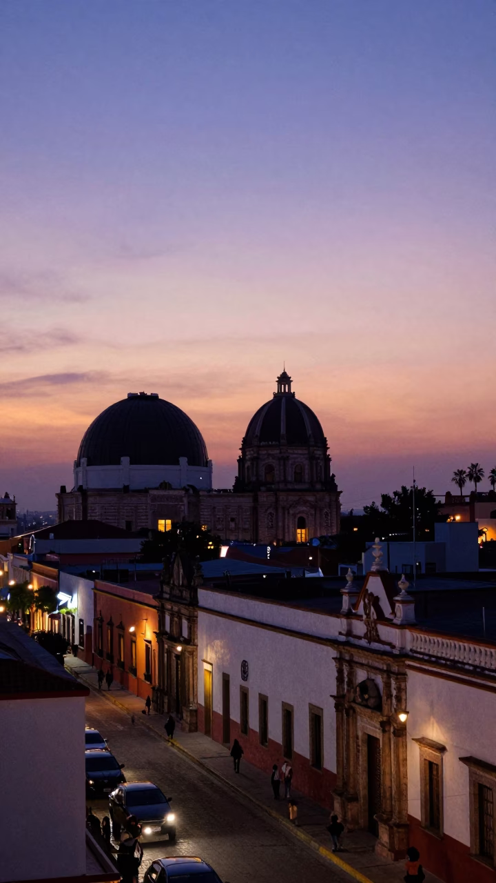 Merida Mexico Twilight Street Scene with Observatory Dome Silhouette and Amulet in in Merida, Mexico
