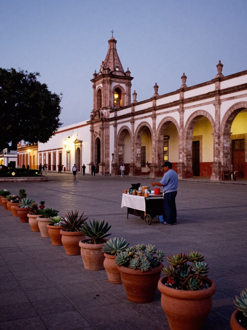 Merida Mexico Twilight Street Scene with Terracotta Pots and Local Market Activity in in Merida, Mexico