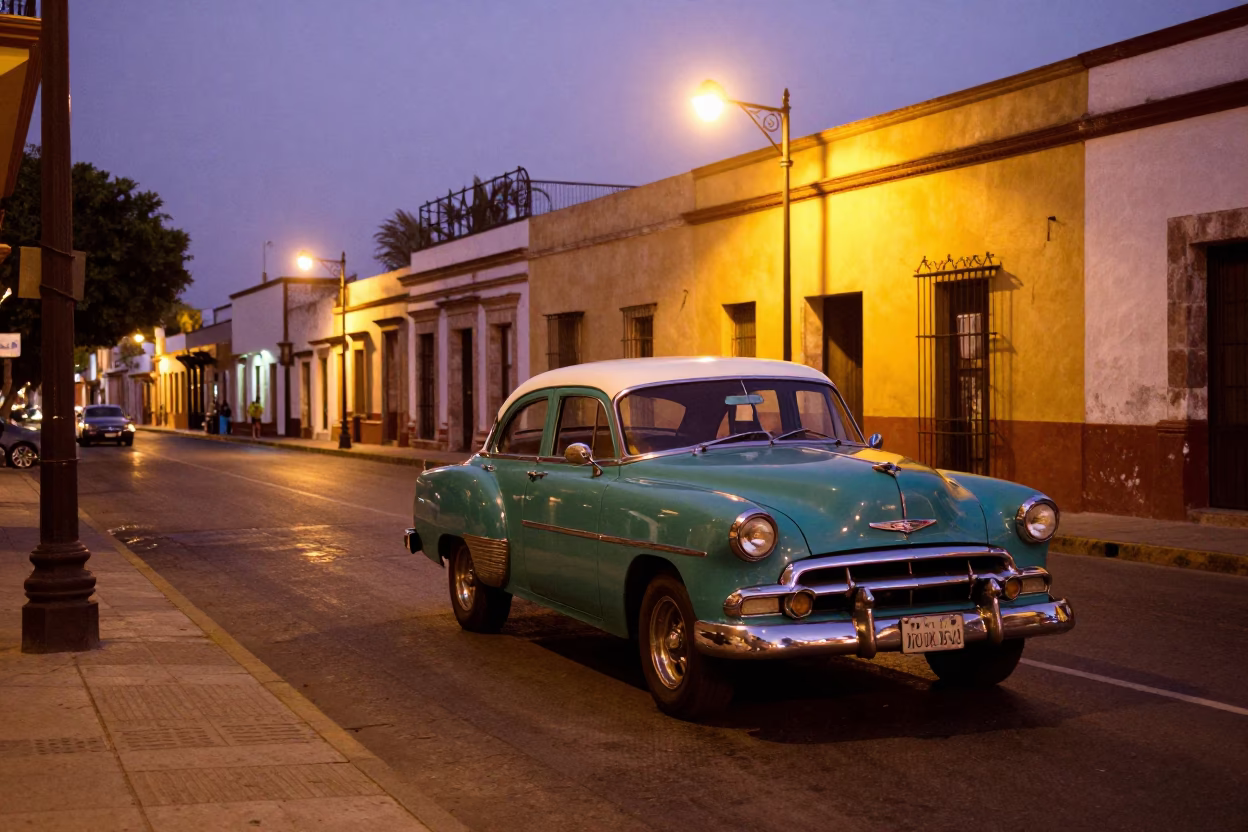 Merida Mexico Twilight Street Scene with Vintage Cars and Colonial Architecture in in Merida, Mexico