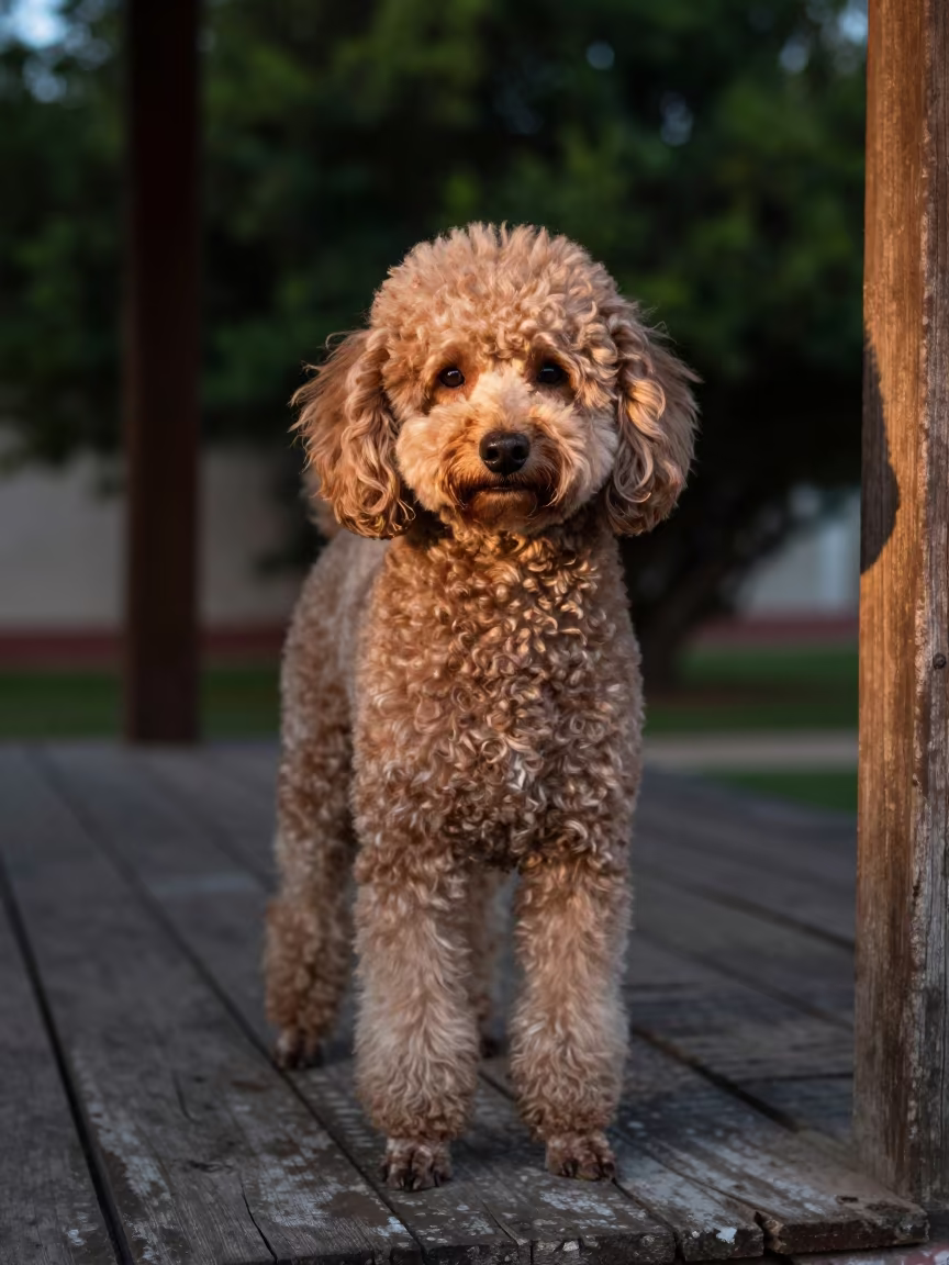 Merida Poodle Portrait on Shaded Porch in on a shaded front porch with boards, railings, and eye-level framing in Merida Venezuela