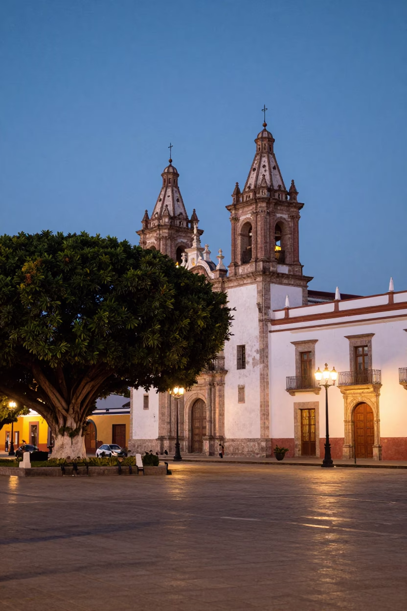 Merida Street Scene at As City Lights Begin To Glow in in Merida, Mexico