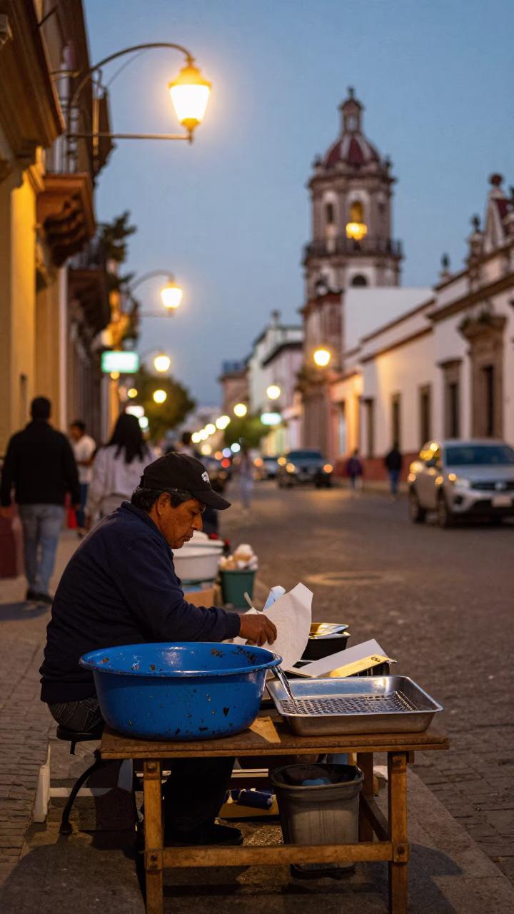 Merida Street Scene at As City Lights Begin To Glow in in Merida, Mexico