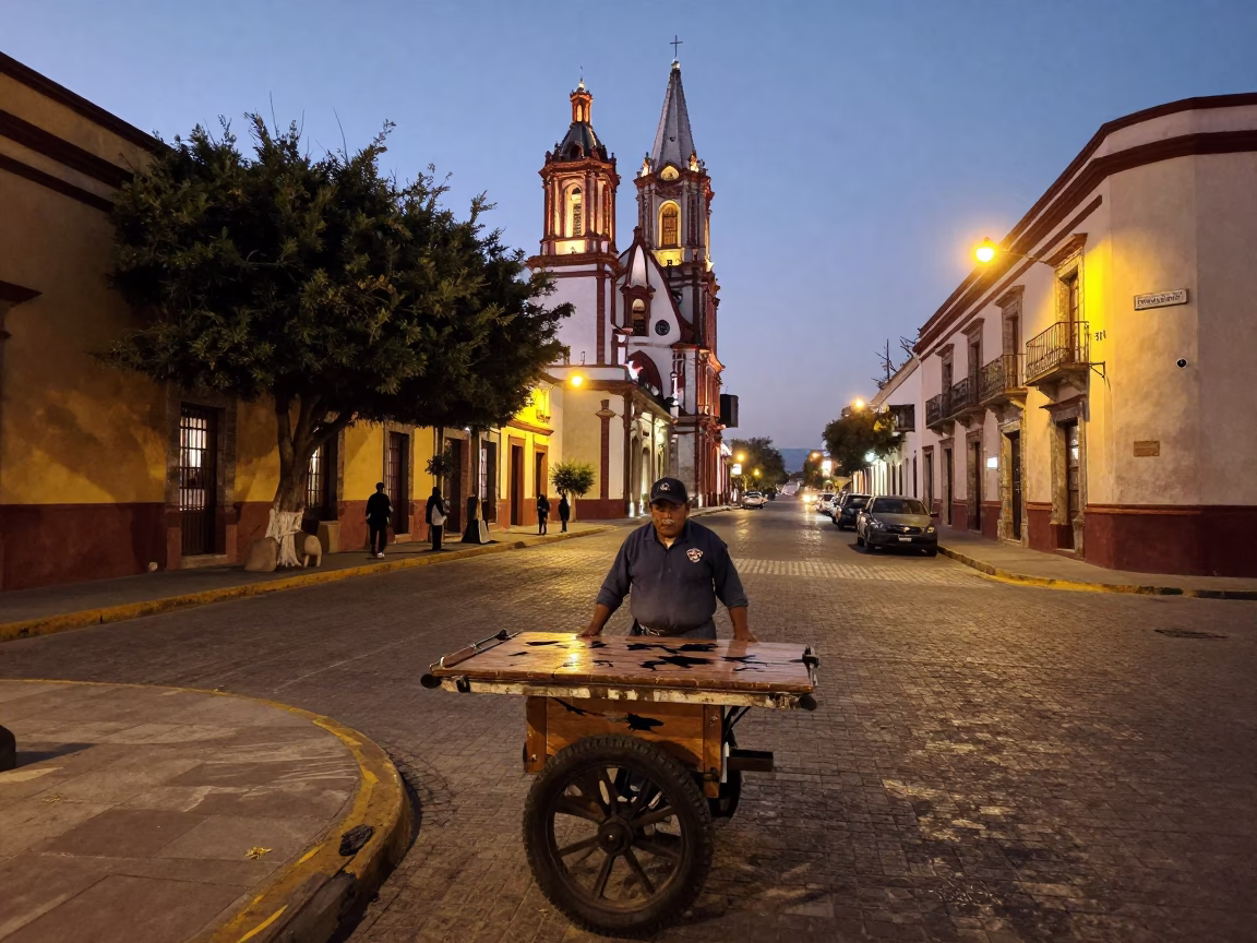 Merida Street Scene at As City Lights Begin To Glow in in Merida, Mexico