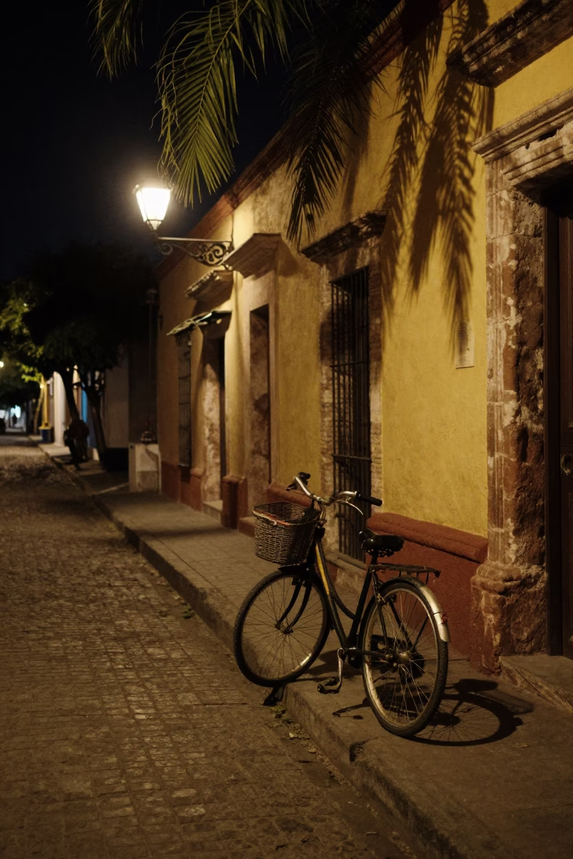 Merida Street Scene at Late At Night Light in in Merida, Mexico