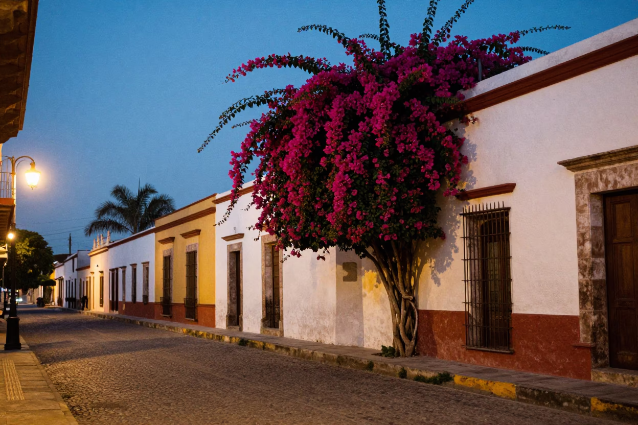 Merida Street Scene at The Last Blue Light Of Evening in in Merida, Mexico
