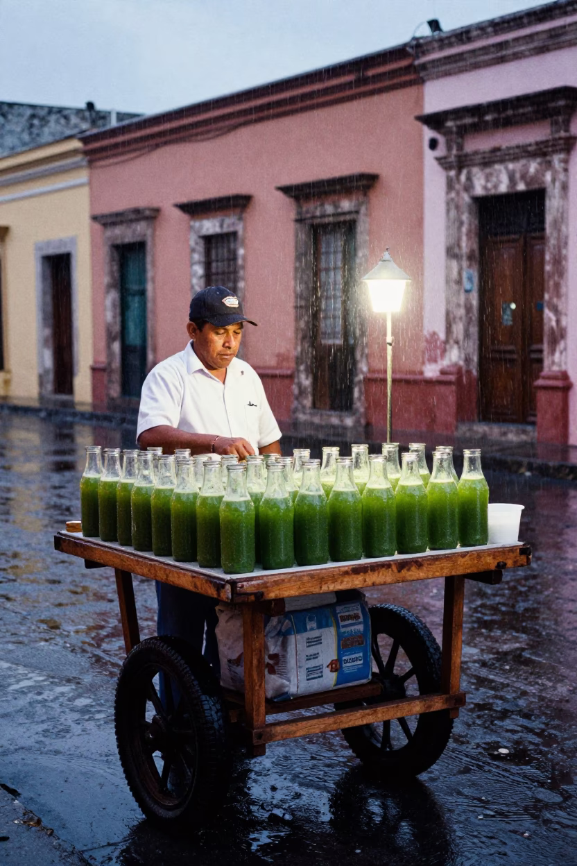 Merida street vendor selling fresh juice under light rain at dusk in in Merida, Mexico
