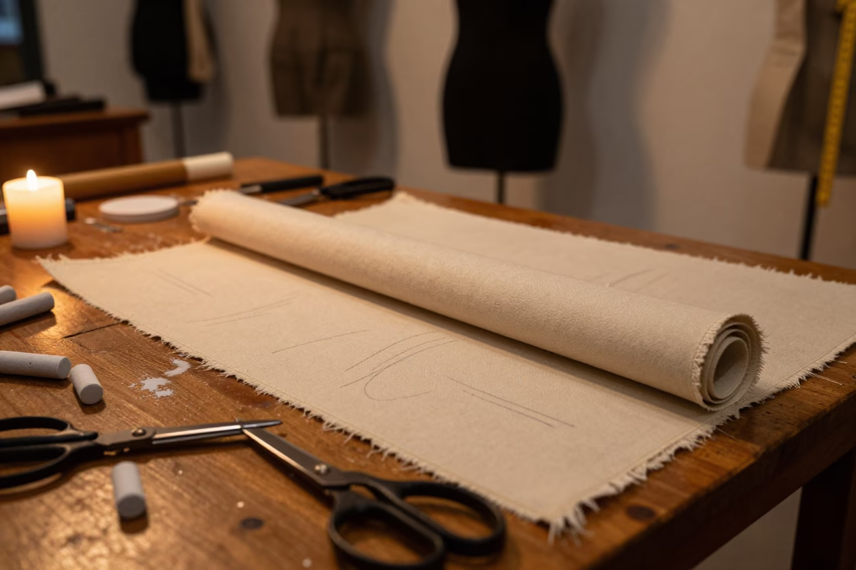 Merida Tailor Basted Lapel Horsehair Canvas in at a tailoring table strewn with chalk and shears in Merida Venezuela