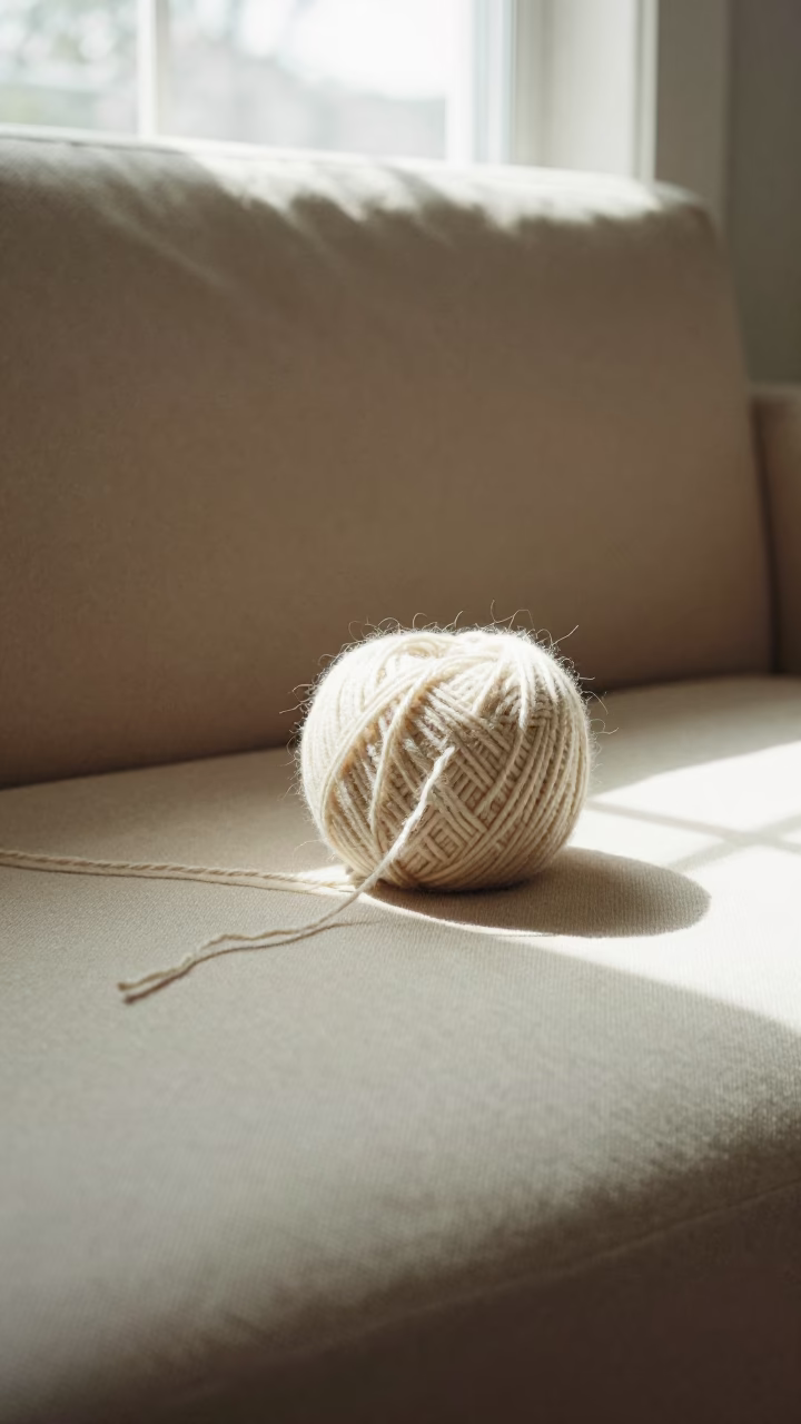 Merino Wool Ball Unraveling on Sofa in on a window seat near Richmond Hill