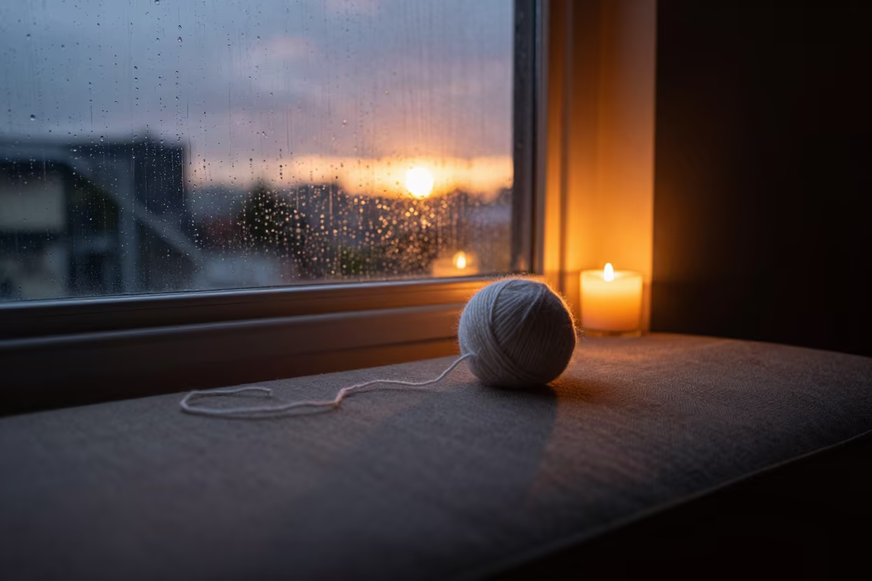 Merino Wool Ball Unraveling on Sofa Near Rain Window in beside a rain-streaked window near Port Louis
