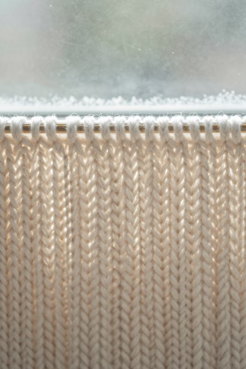 Merino Wool Stitch Detail on Frosty Window in along a frost-edged windowpane in Incheon